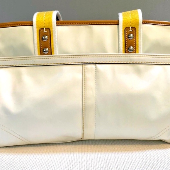 COACH Hampton Nylon Sateen Leather Handbag, ivory and yellow - Picture 2 of 7